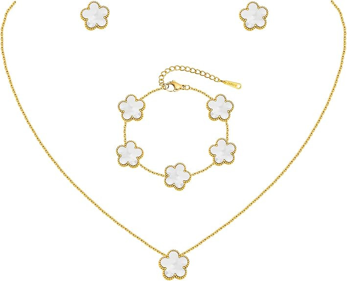 Gold Necklaces Bracelets Earring Set - 18K Gold Plated Flower Bracelet Chain,Stainless Steel Non ... | Amazon (US)
