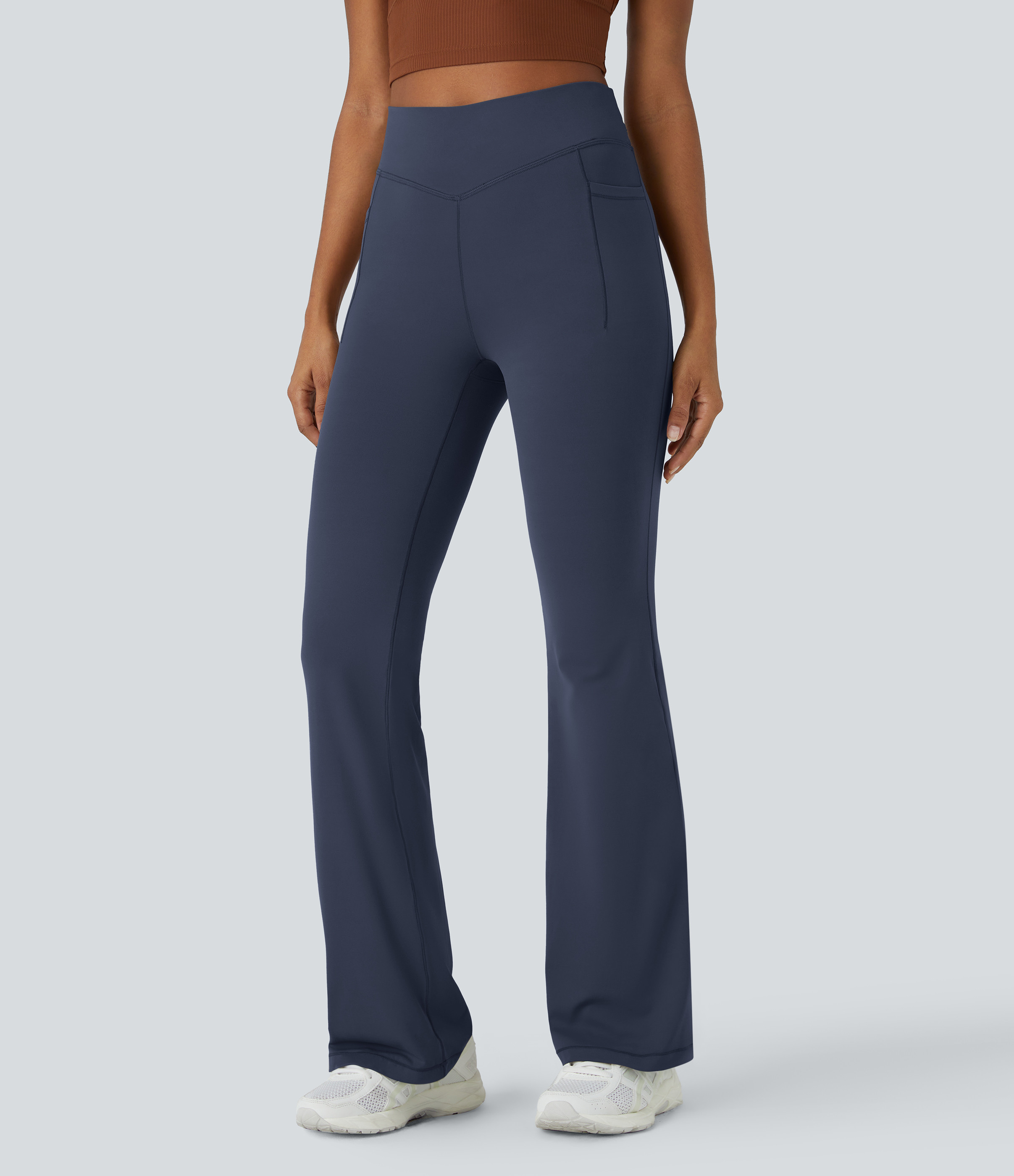 Halara Halara UltraSculpt™ SoCinched Mid Rise Tummy Control Pocket Running Full Length Flare Leggings - Mood Indigo - XS(regular) | HALARA