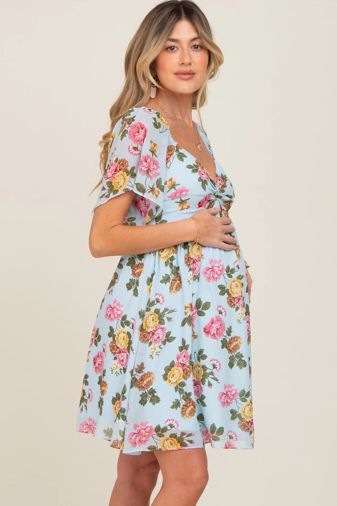 Light Blue Floral Chiffon Sweetheart Neck Maternity Dress | PinkBlush Maternity