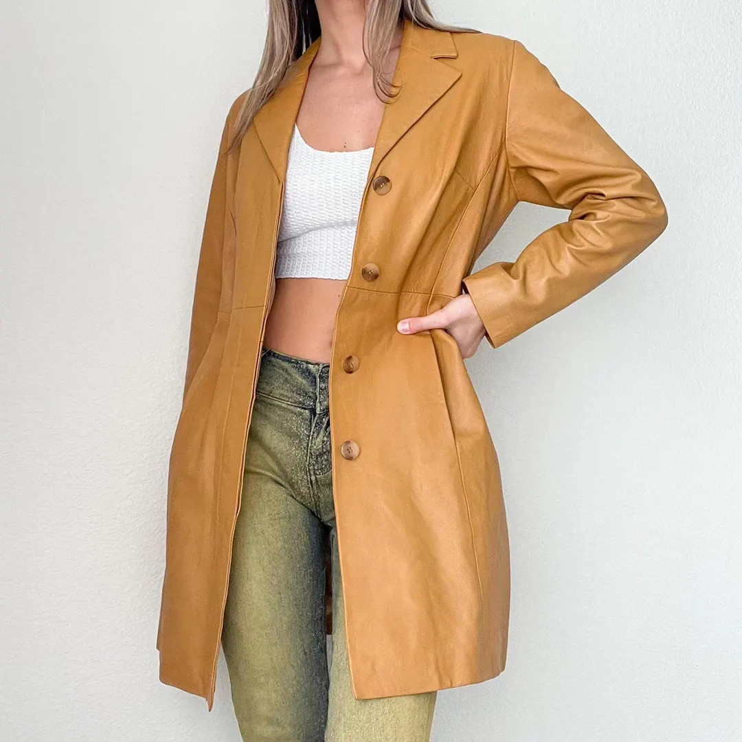 Women Tan Brown 70s Long Leather Coat Genuine Sheepskin Leather Women Trench Coat - Etsy | Etsy (US)