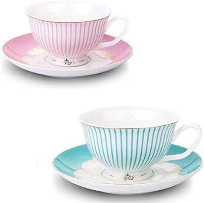 AWHOME Vintage Ceramic Teacup and Saucer Set 7 oz / 2- Set (Pink,Blue) | Amazon (US)