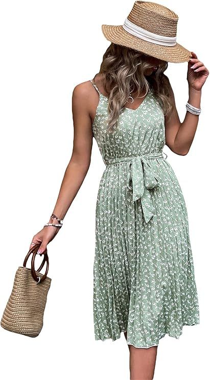 SweatyRocks Women's Ditsy Floral Sleeveless Belted Pleated Midi Cami Dress Spaghetti Strap Summer... | Amazon (US)