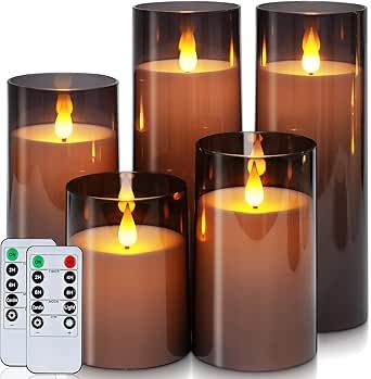 Homemory Gray Flickering Flameless Candles, Battery Operated Acrylic LED Pillar Candles with Remo... | Amazon (US)