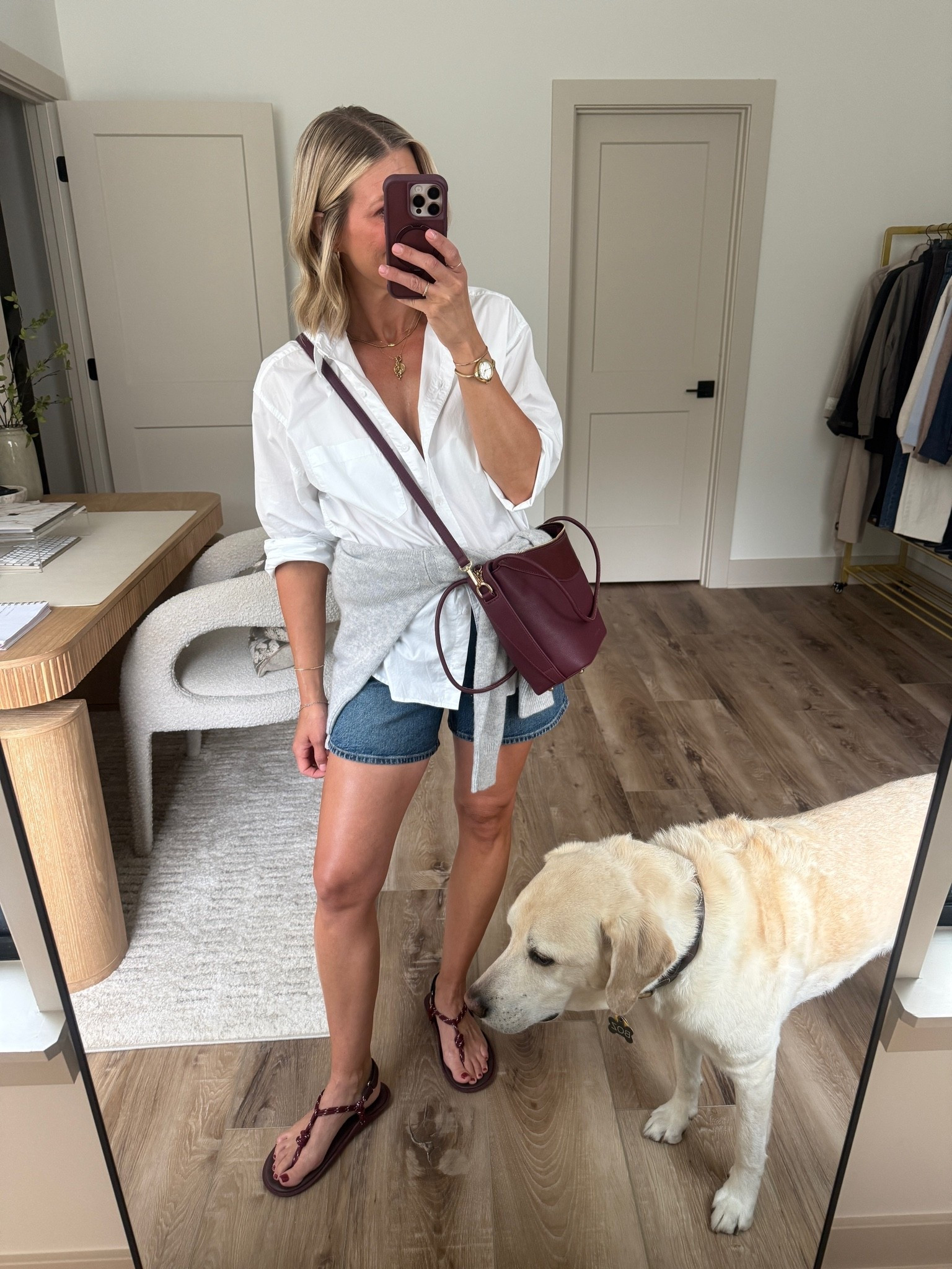 Wearing medium button-up shirt, 26 Jean shorts, sandals tts
