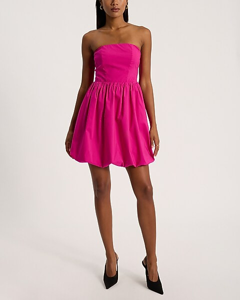 Poplin Strapless Bubble Mini Fit and Flare Dress | Express
