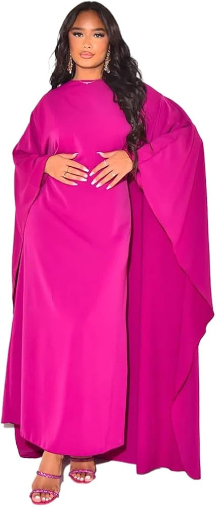 Autumn Satin Party Dress Robe Abaya Women Elegant Solid Neck Bat Sleeves Loose | Amazon (US)