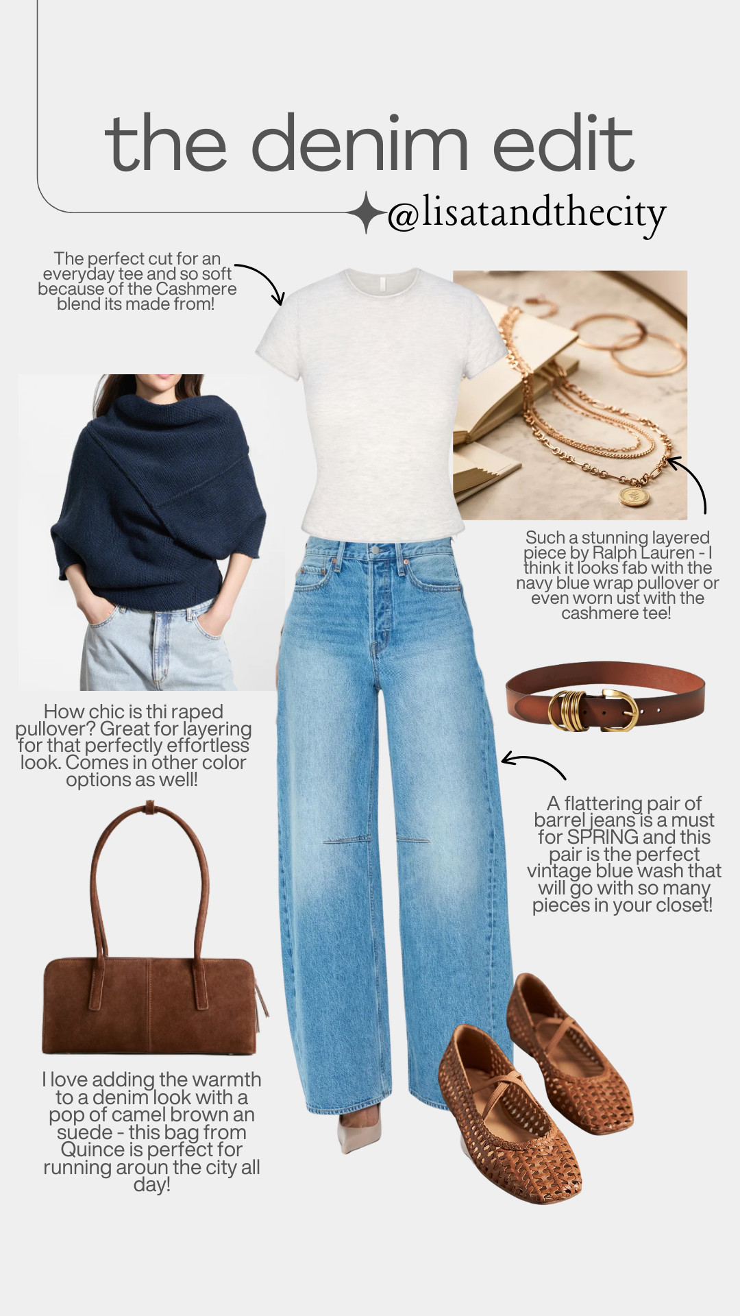 The denim edit for spring is here 👖✨ Think soft cashmere-blend tee, flattering barrel leg jeans in a vintage blue wash, an effortless draped pullover for layering, and warm camel brown accessories for that chic everyday look. If you’re searching for spring capsule wardrobe staples, elevated basics, casual chic outfits, or timeless denim styling ideas, everything is linked on my LTK for easy shopping. #DenimEdit #SpringStyle #BarrelJeans #CapsuleWardrobe #EverydayOutfit #ElevatedBasics #CasualChic #LTKStyle #LTKFinds #Lisatandthecity 

 

#LTKootd #LTKOver40 #LTKSaleAlert