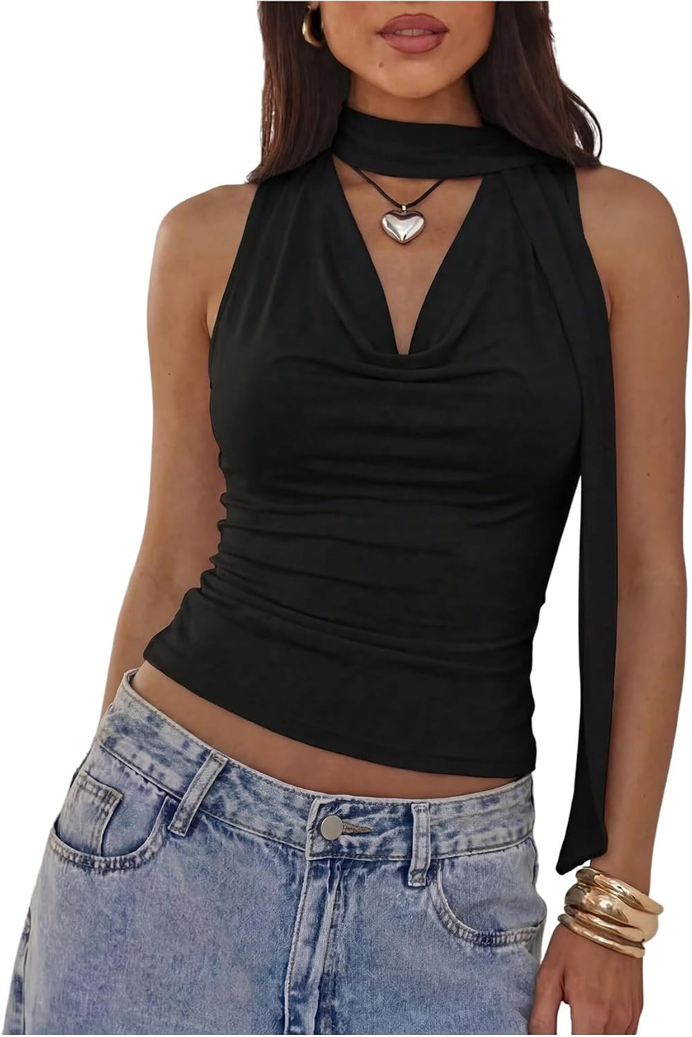 Verdusa Women's Cowl Neck Scarf Top Going Out Crop Tank Tops | Amazon (US)