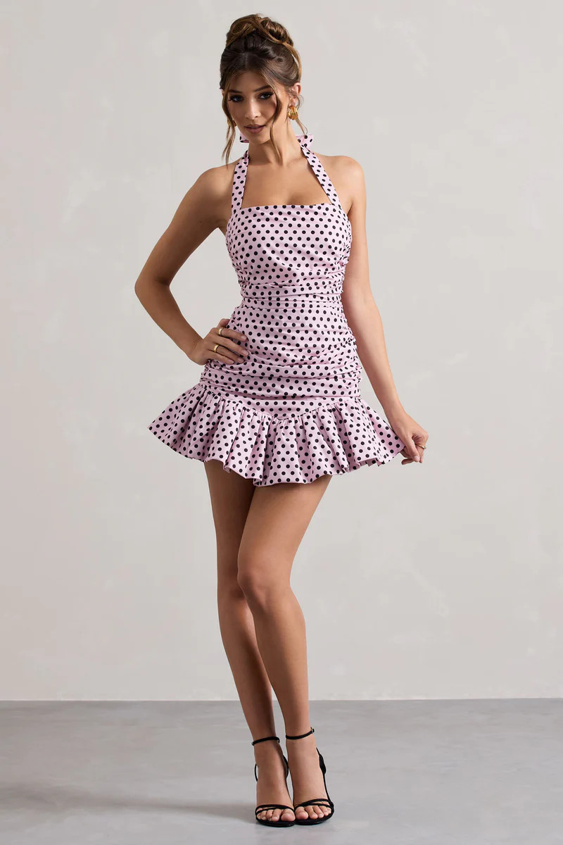 Zahra  Pink & Black Polka Dot Halter-Neck Ruched Mini Dress With Ruffle Hem | Club L London