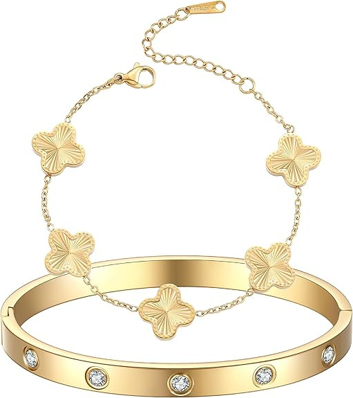 18K Gold Plated Clover Bracelet Love bangle Set for Women Stackable Trendy Fashion Simple Friends... | Amazon (US)