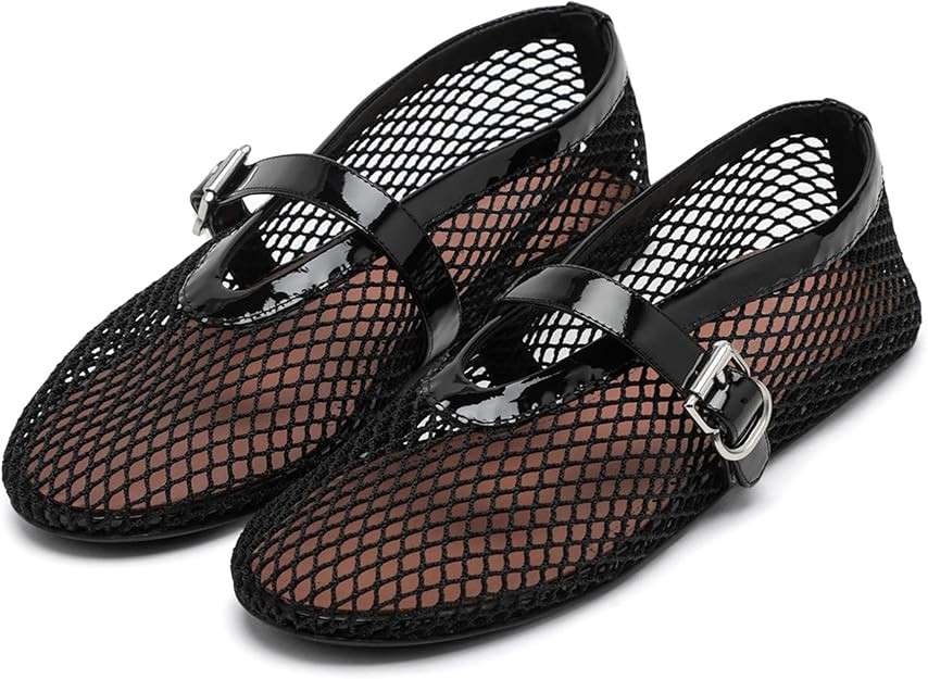 Women's Mesh Ballet Flats Buckle Strap Comfortable Ballerina Shoes Ladies Clear Fishnet Wide Widt... | Amazon (US)