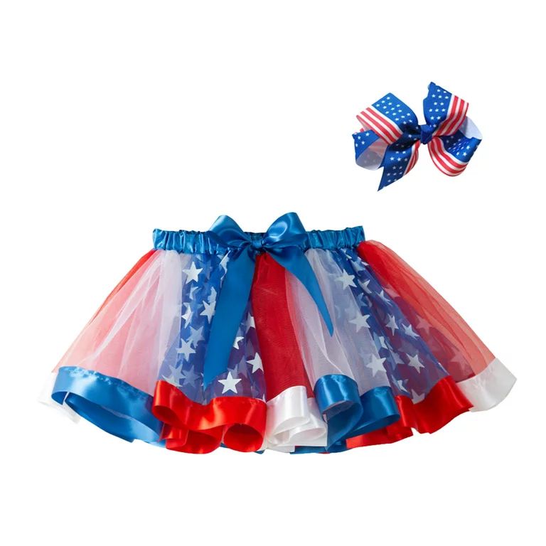 Kids Girls Short Skirt 4th of July Tutu American Flag Tulle Skirt Dress Star Print Hair Bows | Walmart (US)