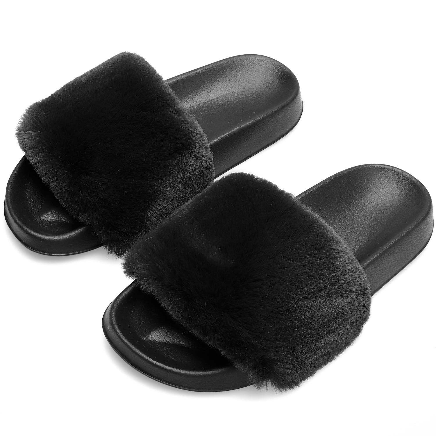 Barerun Furry Slippers for Womens Open Toe Outdoor House Slides Sandals Black 9 | Walmart (US)