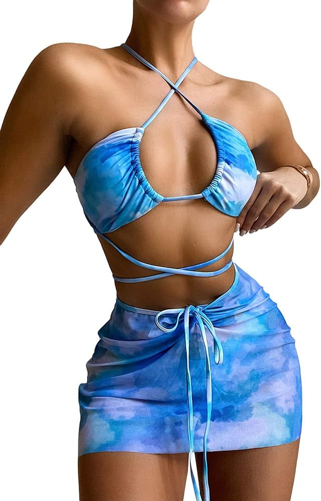 Romwe Women's 3 Pack Tie Dye Criss Cross Halter Cheeky Bikini Swimsuit with Beach Skirt | Amazon (US)
