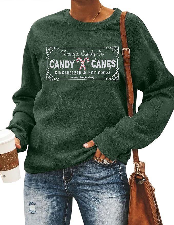 FASHGL Women Vintage Christmas Sweatshirts Candy Canes Graphic Sweatshirt Xmas Long Sleeve Shirt ... | Amazon (US)