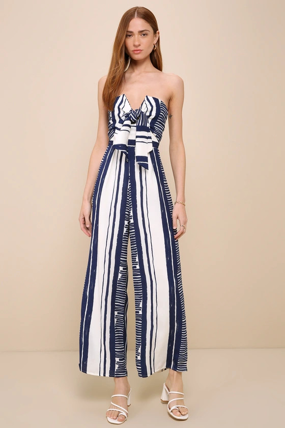 Delphi Blue and White Striped Tie-Front Strapless Jumpsuit | Lulus