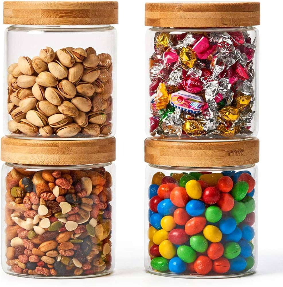 EZOWare Set of 4 Glass Food Jars with Airtight Natural Bamboo Lids, 20 fl oz Kitchen Clear Canist... | Amazon (US)