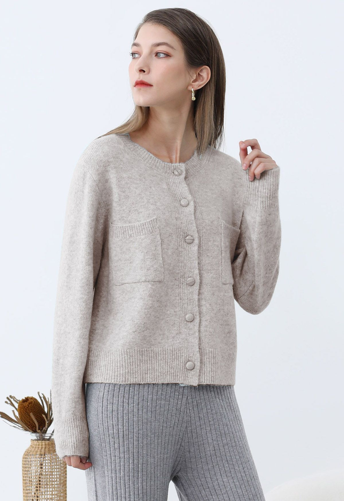 Toasty Patch Pockets Buttoned Knit Cardigan in Oatmeal | Chicwish
