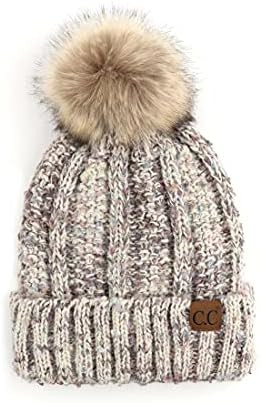 C.C Thick Cable Knit Faux Fuzzy Fur Pom Fleece Lined Skull Cap Cuff Beanie | Amazon (US)