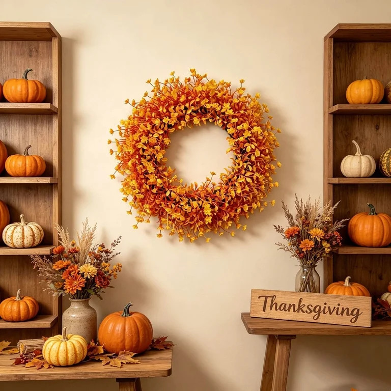 18In Artificial Fall Wreath with Maple Leaves and Pumpkins, Thanksgiving Harvest Door Hanging Gar... | Walmart (US)