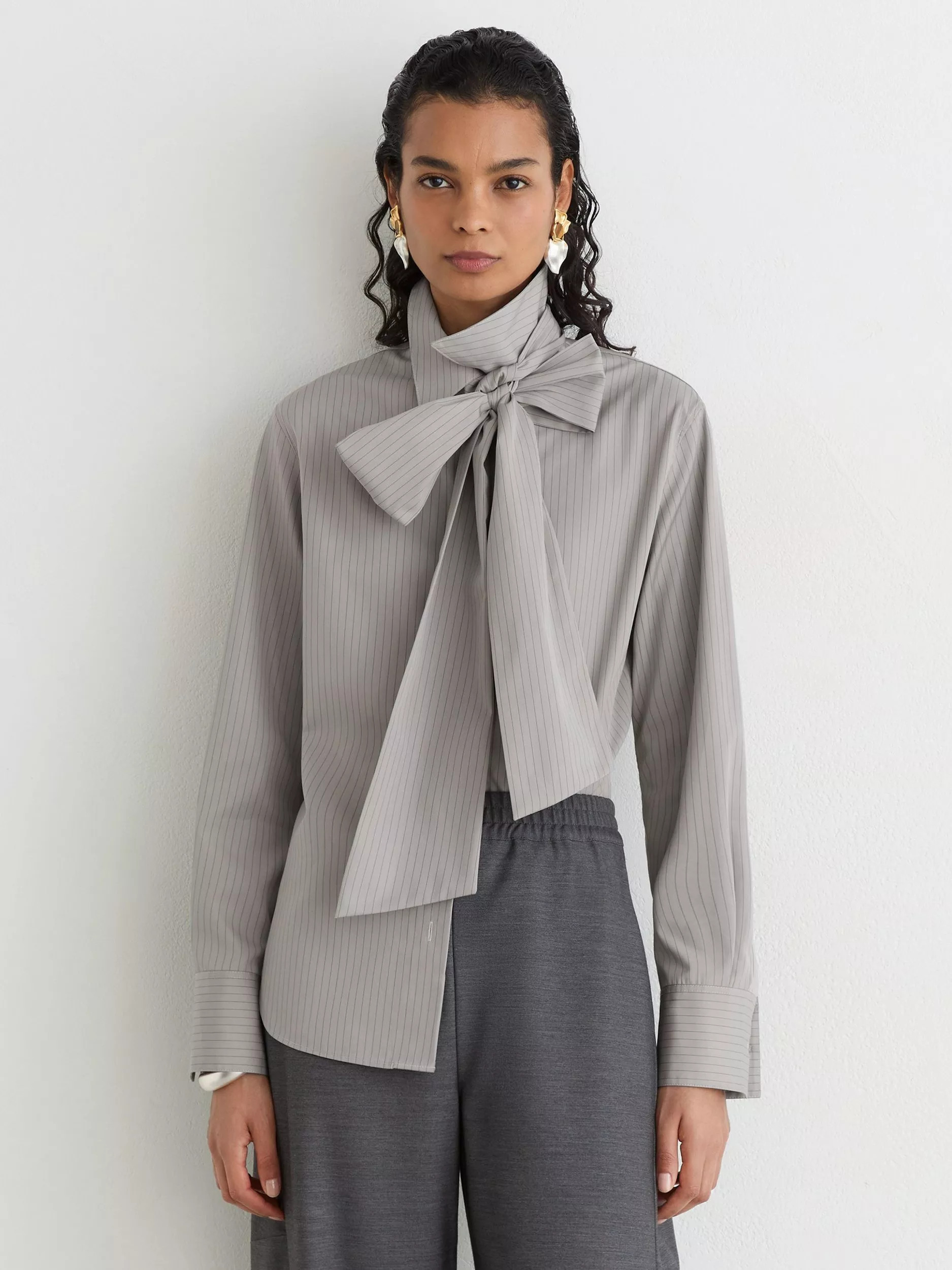 Reiss Elowen Striped Tie Neck Shirt, Grey | John Lewis (UK)