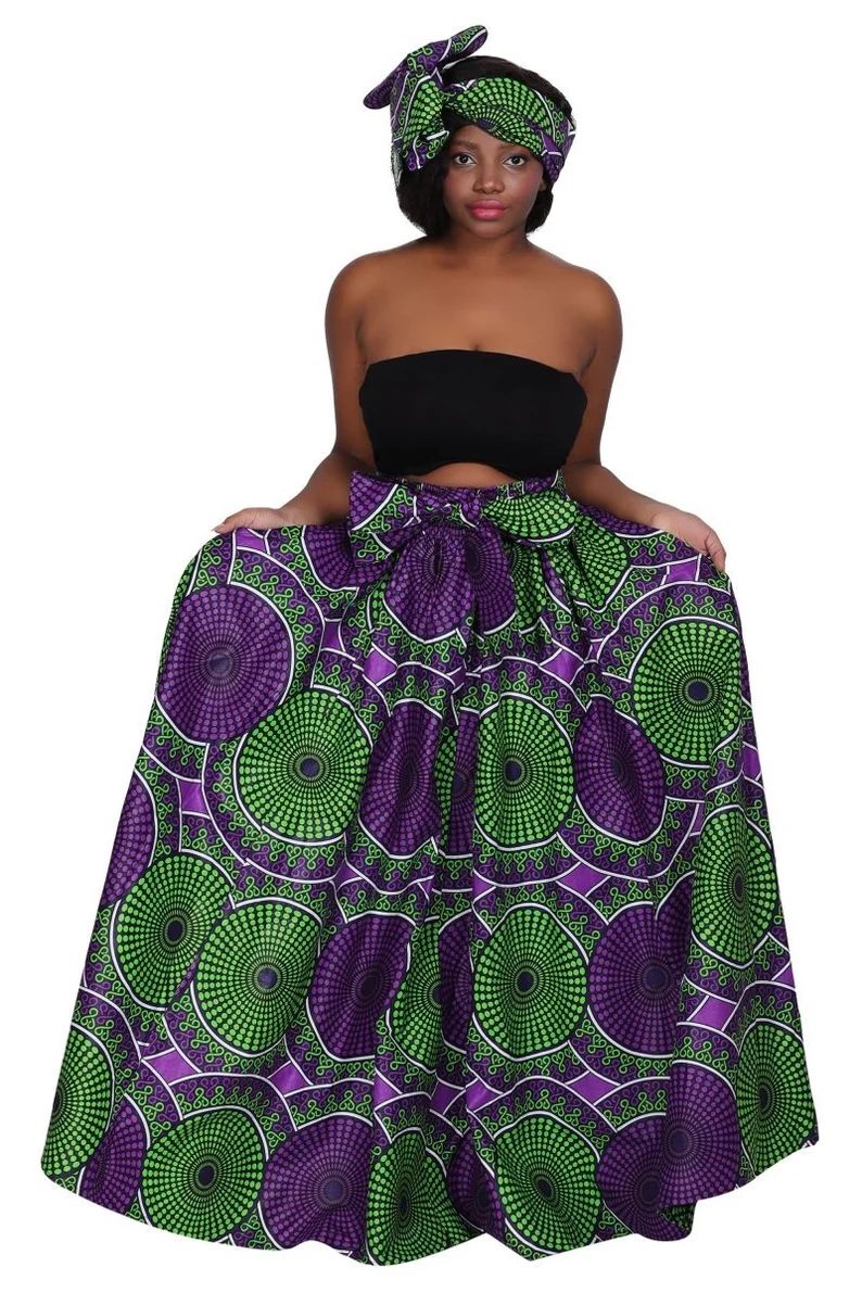 Purple and Green Ankara Maxi Skirt Set, Elastic Waist and side pockets. | Etsy ROW