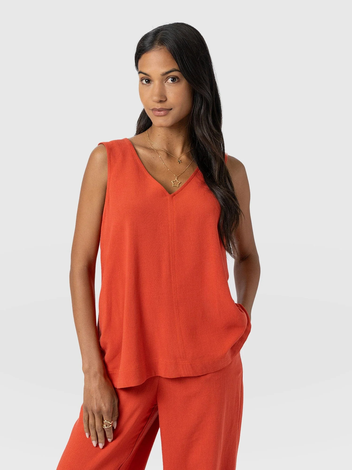 Corinne Linen V Neck Tunic - Burnt Orange | Saint + Sofia UK