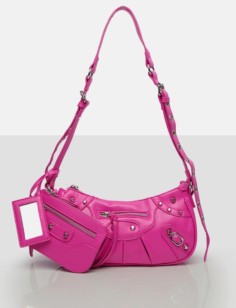 The Trackstar Bright Pink Pu Studded Mirror Zip Detail Handbag | Public Desire (US & CA)