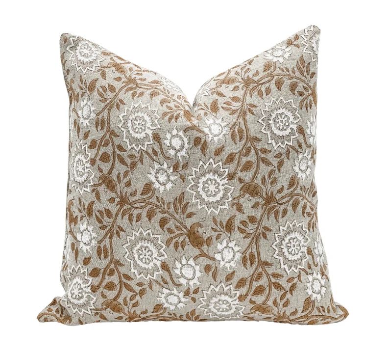 Designer Tan Beige Floral Design on Natural Linen Pillow | Etsy | Etsy (US)