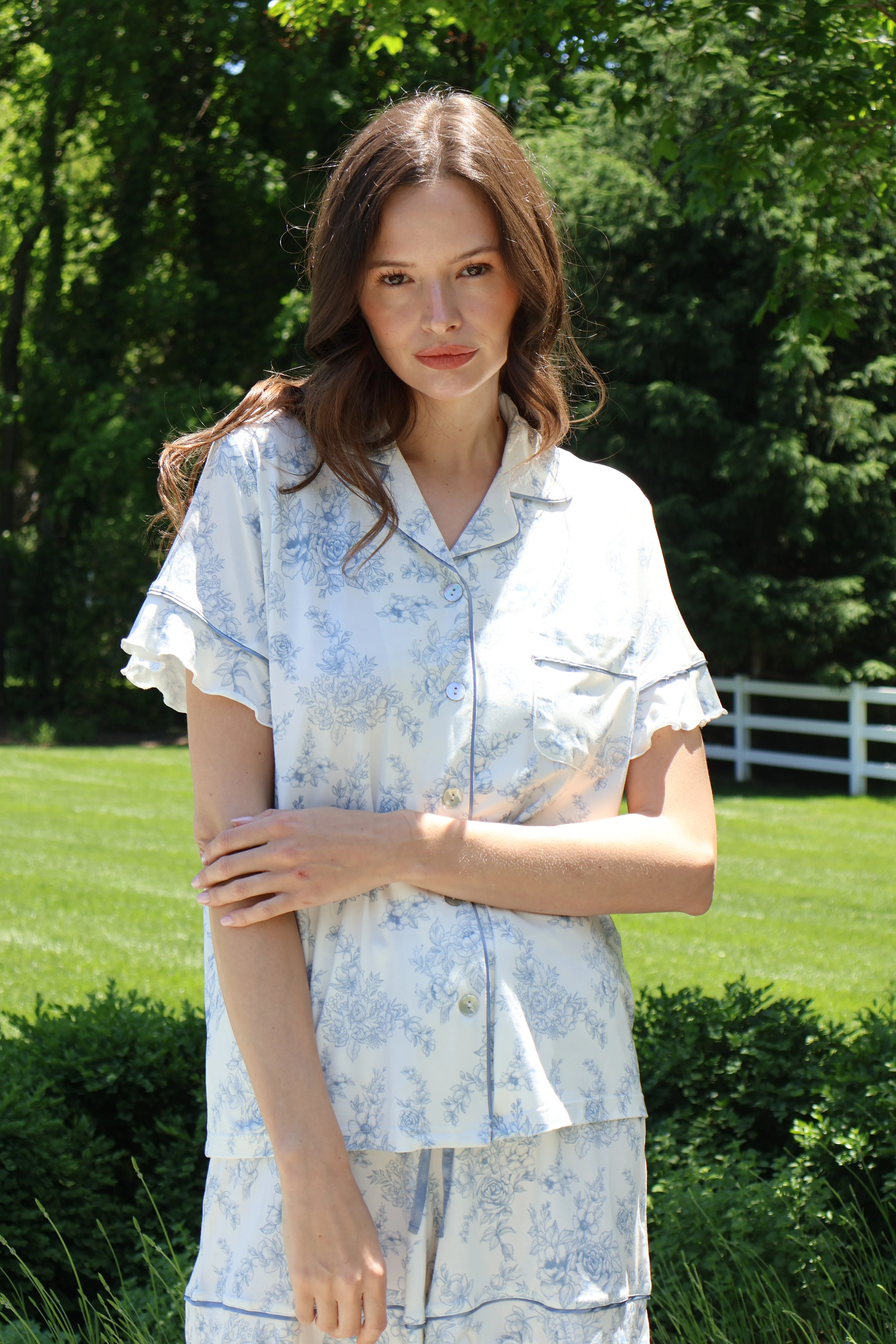 Ruffle Bamboo Pajama Short Set in Blue Toile | waverles