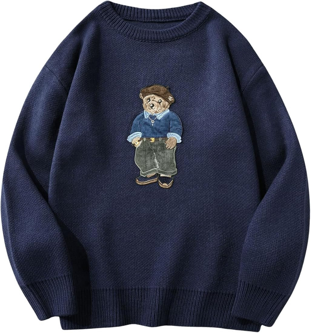 SHENHE Men's Oversized Crew Neck Cute Bear Sweater Vintage Unisex Preppy Sweater Jumper | Amazon (US)