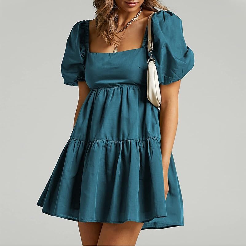 Shy Velvet Women's Casual Party Mini Dress Square Neck Short Bubble Sleeve A-line Loose Summer Dress | Amazon (US)