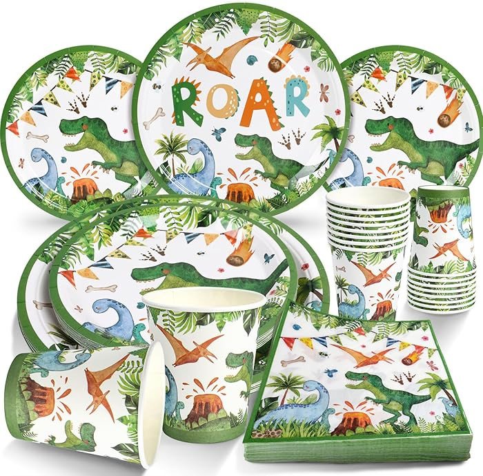 96Pcs Dinosaur Birthday Party Supplies -24 Guest Dino Plates Cups and Napkins For Boys Kids three... | Amazon (US)
