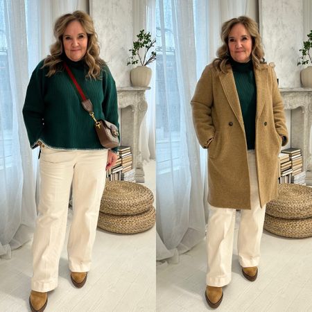 Warm cozy and classy winter sweater outfit. A few sizes left of my coat. Size 12 reg. Pants I sized up but they are super roomy so maybe reg size if you don’t want loose. 
Size L of the sweater. 10% off with code NANETTE10
Boots are a favorite easy wedge boot with a subtle pointed toe. Size up in these! 

#LTKover40 #LTKmidsize #LTKfindsunder100