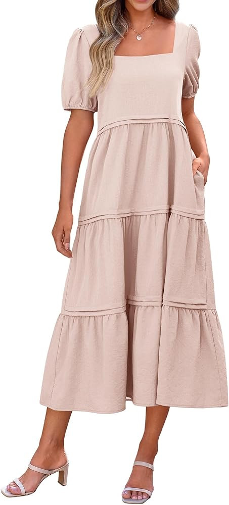 KIRUNDO Womens Summer Maxi Dress Casual Loose Puff Sleeve Square Neck Tiered Maternity Flowy Long... | Amazon (US)