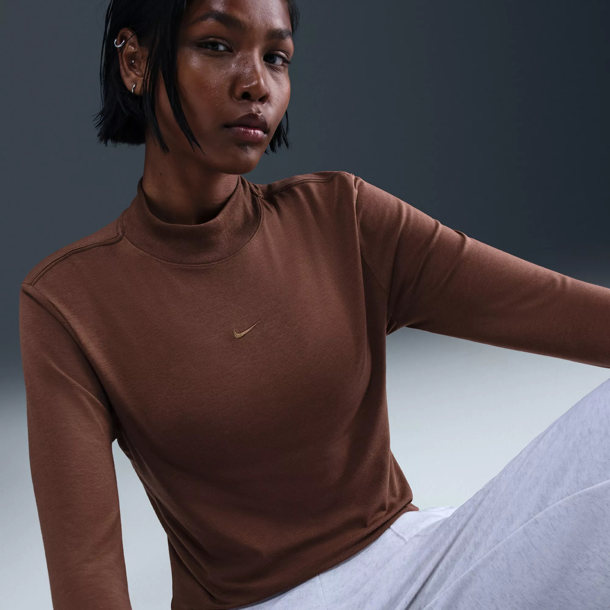 Nike Women's Sportswear Chill Knit Slim Long-Sleeve Mock-Neck T-Shirt, Medium, Fauna Brown | DICK'S Sporting Goods