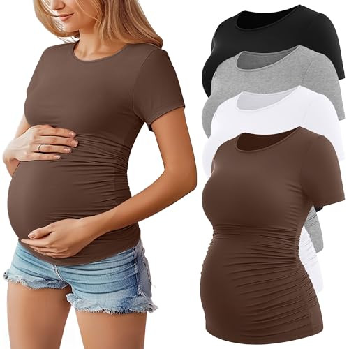 Huukeay 4 Pack Women's Maternity Shirts, Crew Neck Maternity Top Short Sleeve Casual Cotton Tee Side Ruched Pregnancy Clothes(Black, White, Light Gray, Coffee,Medium) | Amazon (US)