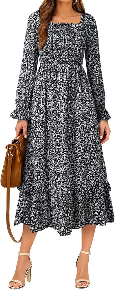 Dokotoo Boho Dresses for Women 2025 Casual Floral Square Neck Long Sleeve Smocked Elastic Waist T... | Amazon (US)