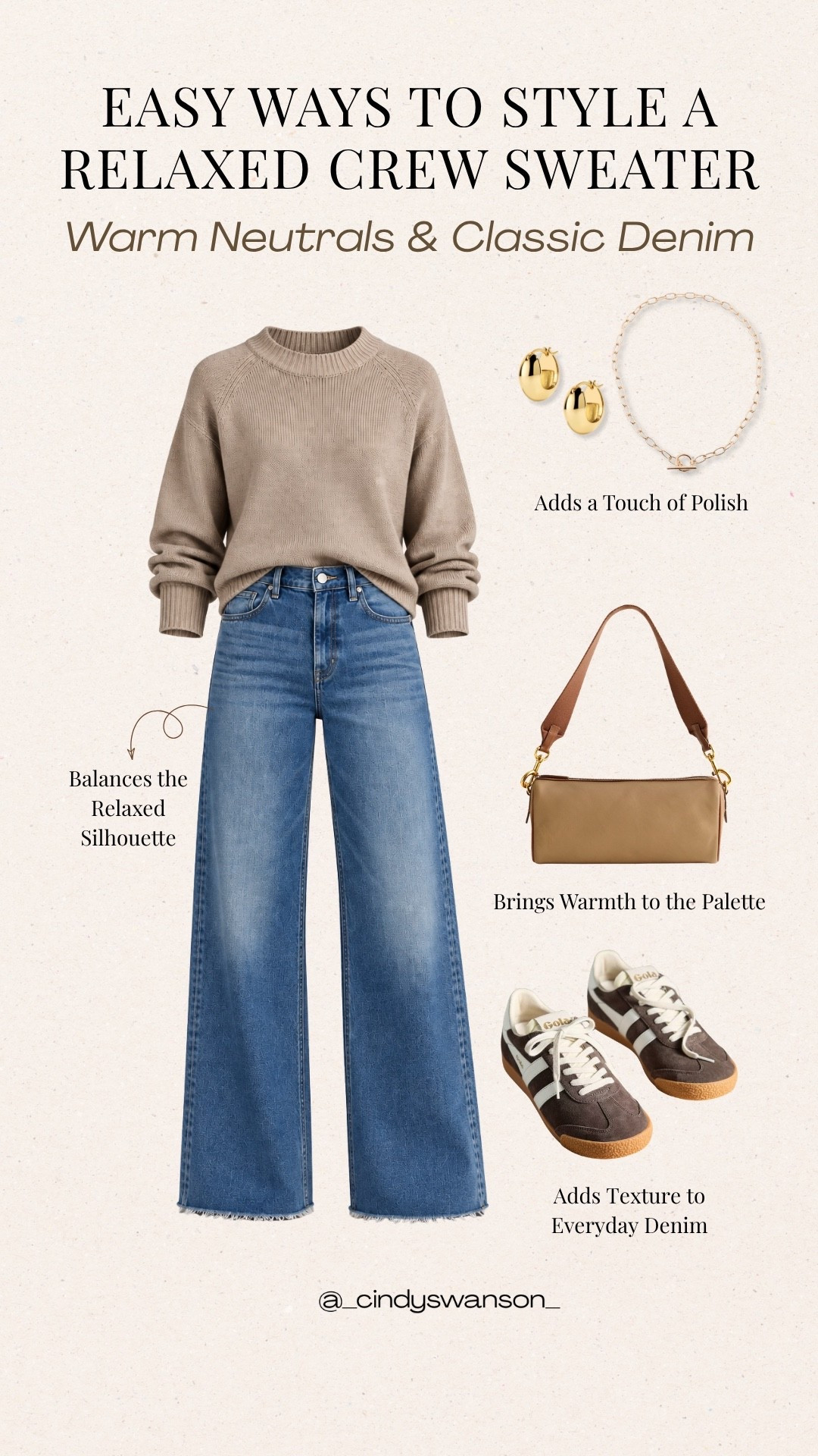 A relaxed crew sweater in a warm taupe shade paired with classic blue wide-leg jeans is such an easy everyday combination. I love how the cognac bag and casual sneakers add warmth and texture while keeping the look polished but comfortable. A simple outfit formula you can come back to all season.

#LTKootd #LTKOver40