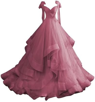 CWOAPO Layered Ruffles Tulle Prom Dresses Spaghetti Strap Ball Gowns Long Elegant V Neck Bow Form... | Amazon (US)