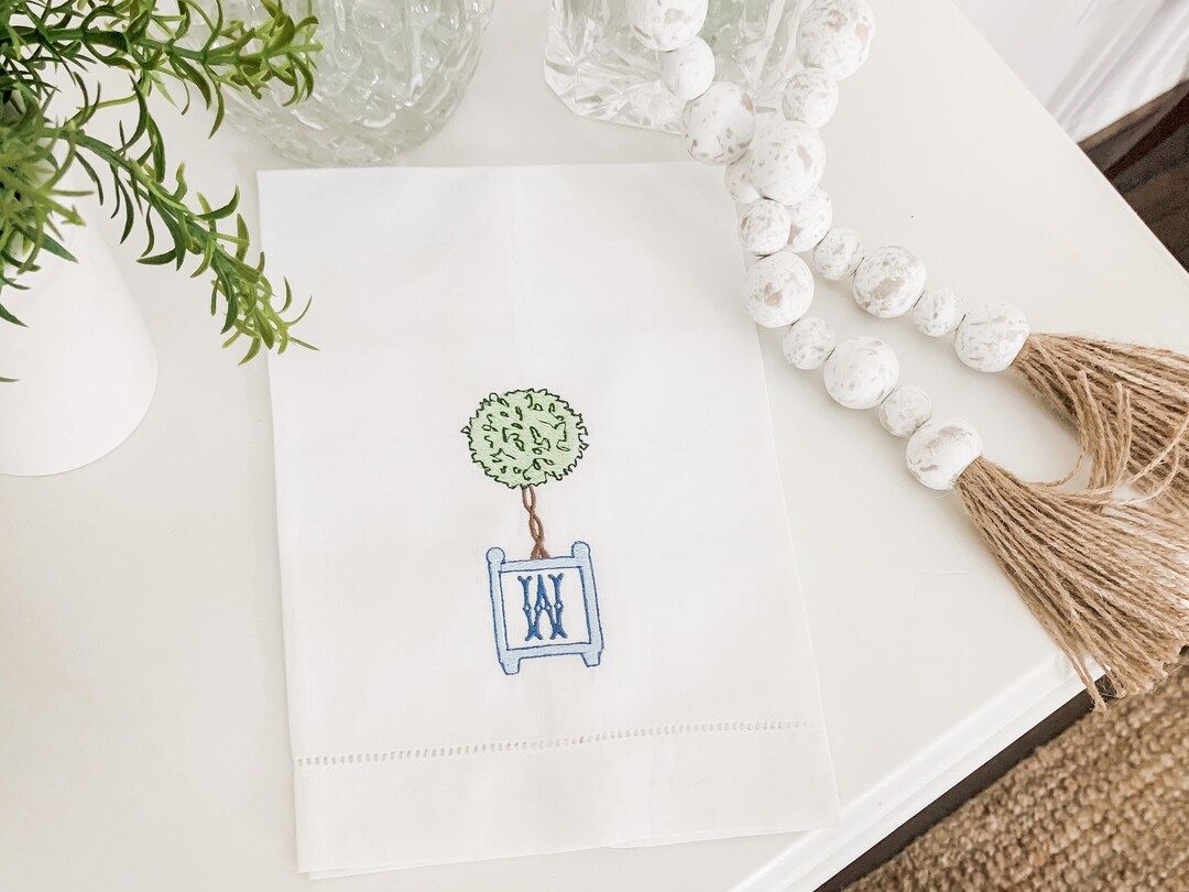 Monogrammed Linen Towel Towel With Boxwood Topiary - Etsy | Etsy (US)