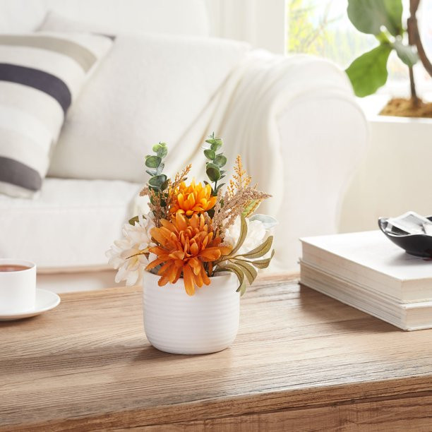 Better Homes & Gardens 10" Artificial Orange and White Mixed Flower Arrangement in Ceramic Pot | Walmart (US)