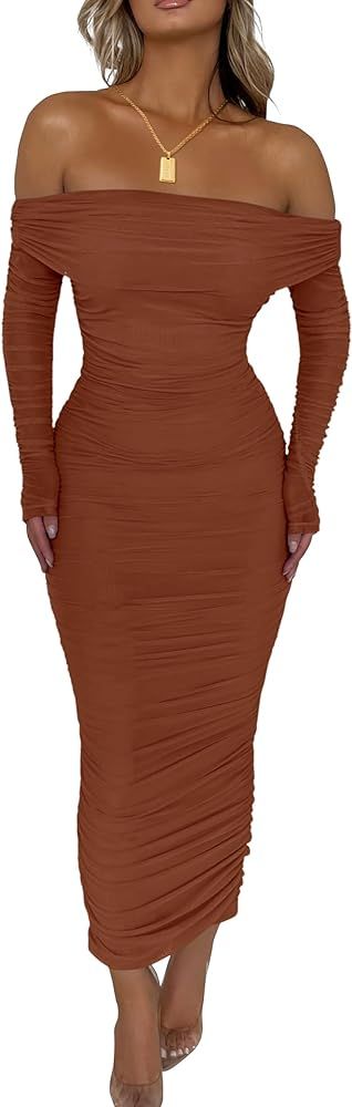 Amazon.com: PRETTYGARDEN Women's Fall Off Shoulder Maxi Bodycon Dress Long Sleeve Ruched Fitted C... | Amazon (US)