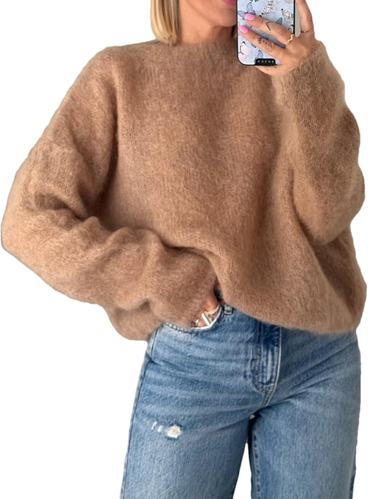 Womens Soft Fuzzy Knit Sweater Oversized Cozy Pullover Jumper Long Sleeve Casual Crewneck Sweater | Amazon (US)
