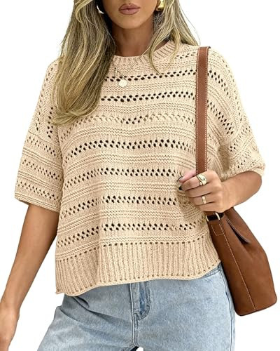 KIRUNDO Crochet Tops for Women Oversized Short Sleeve Sweater Lightweight Knit Pullover 2026 Summer Clothes Spring Outfits(Beige, Medium) | Amazon (US)