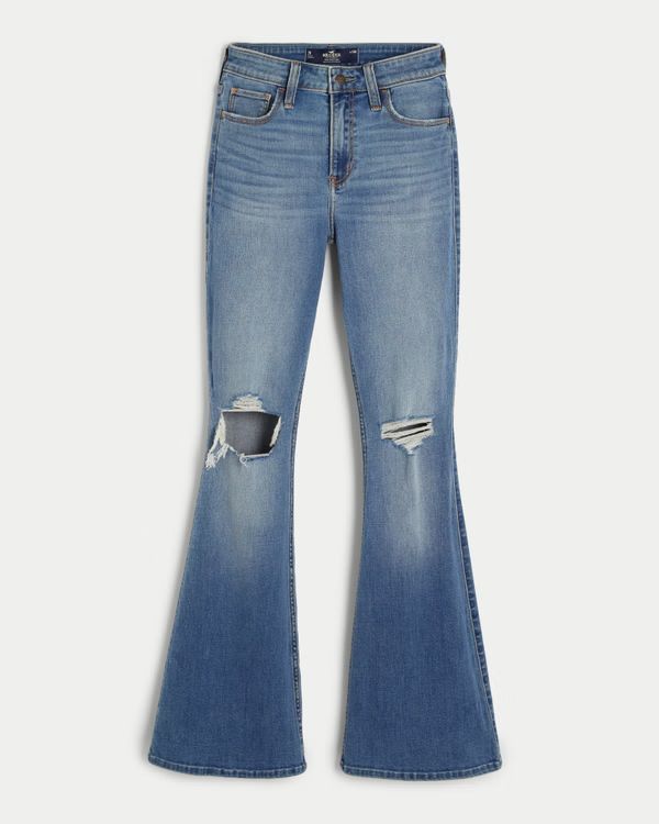 High-Rise Ripped Medium Wash Flare Jeans | Hollister (US)