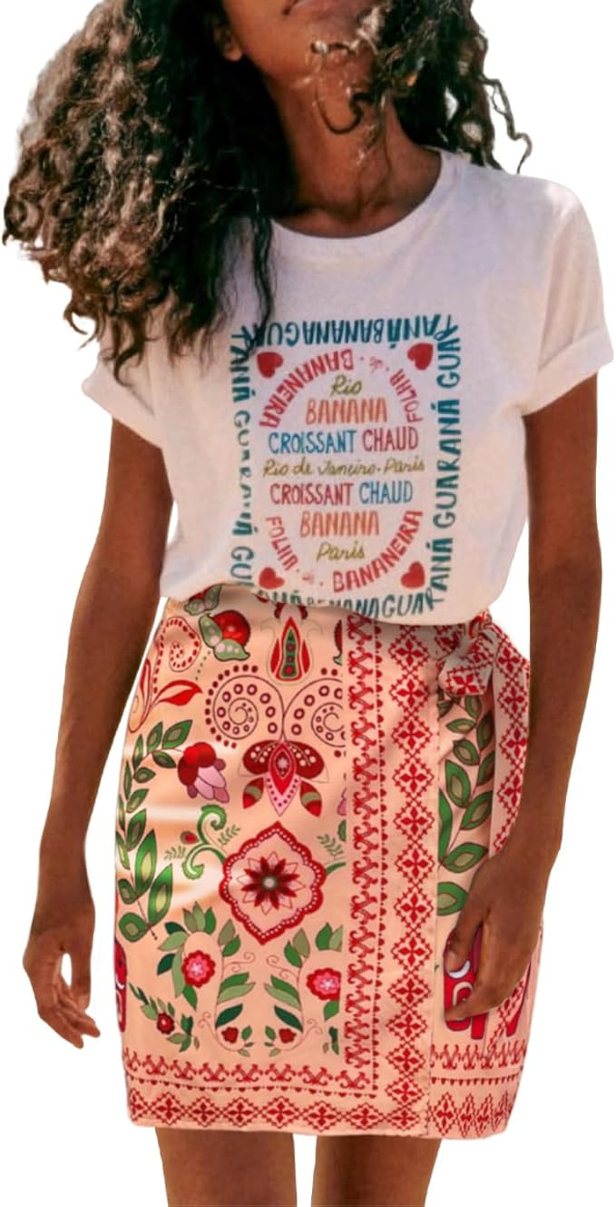 Womens Summer Floral Wrap Short Skirt Tie Side High Waist A Line Beach Vacation Boho Mini Skirt | Amazon (US)