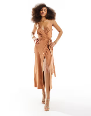 ASOS DESIGN satin cami wrap midaxi dress in chocolate | ASOS (Global)