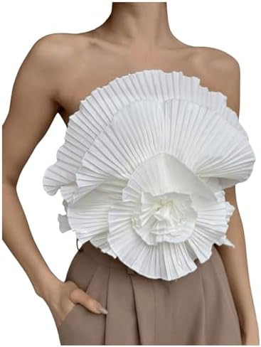 OYOANGLE Women's 3D Flower Decor Strapless Sleeveless Bandeau Top Slim Fit Solid Cropped Tube Top... | Amazon (US)