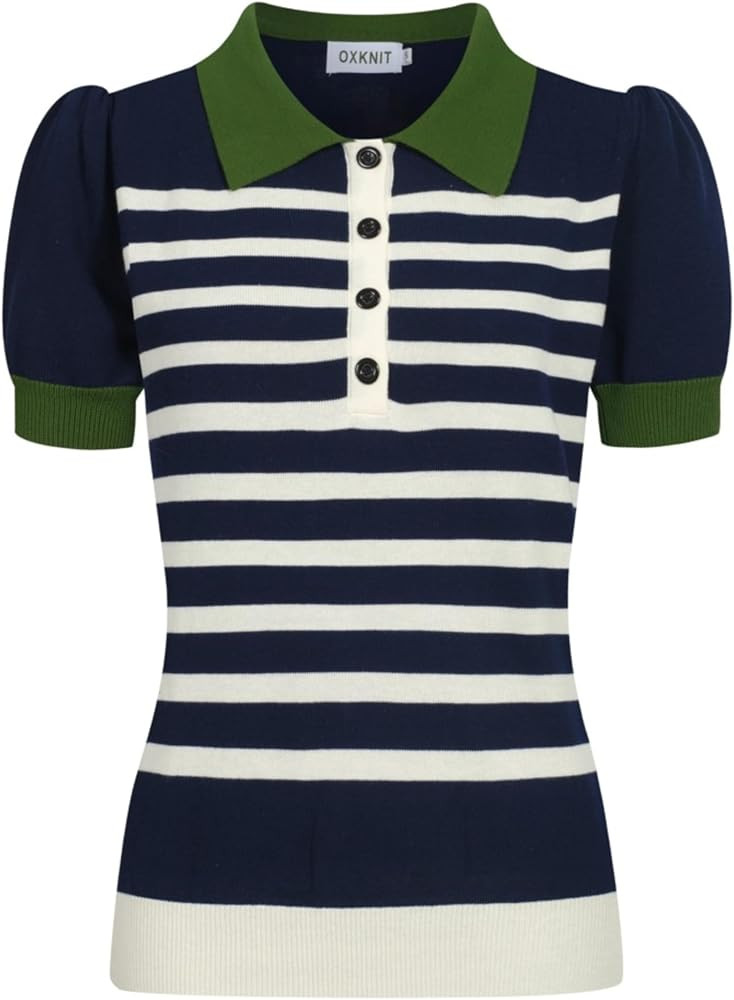 OXKNIT Women's Knit Polo Shirts Short Sleeve, 1960s Mod Style Retro Dark Blue Beige Stripes Tops ... | Amazon (US)